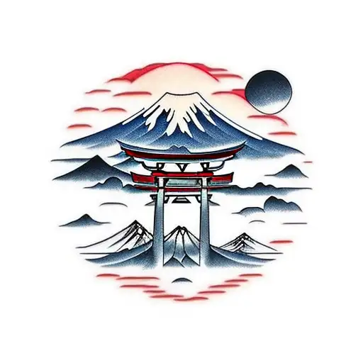 torii gate with mount fuji background, landscape tattoo design idea