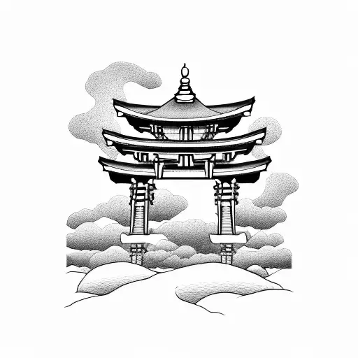 torii gate with mount fuji background black and white tattoo design idea