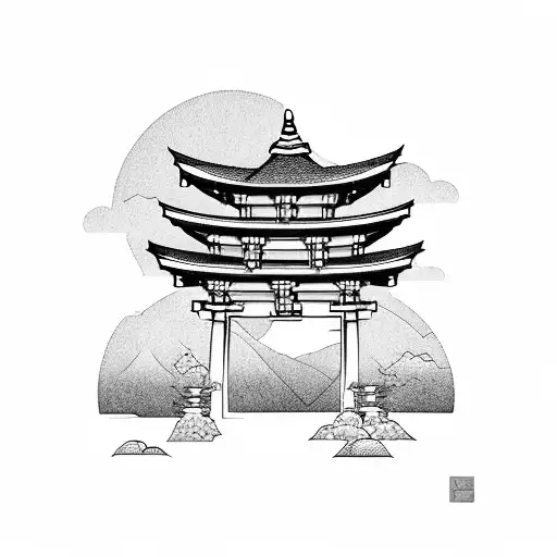 torii gate with mount fuji background black and white tattoo design idea