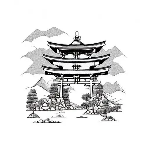torii gate with mount fuji background black and white tattoo design idea