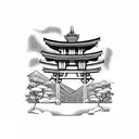 torii gate with mount fuji background black and white tattoo design idea