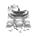 torii gate with mount fuji background black and white tattoo design idea