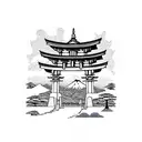 torii gate with mount fuji background black and white tattoo design idea