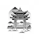 torii gate with mount fuji background black and white tattoo design idea