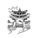 torii gate with mount fuji background black and white tattoo design idea