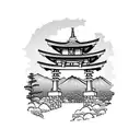 torii gate with mount fuji background black and white tattoo design idea