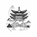 torii gate with mount fuji background black and white tattoo design idea