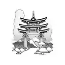 torii gate with mount fuji background black and white tattoo design idea