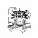 torii gate with mount fuji background black and white tattoo design idea