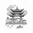 torii gate with mount fuji background black and white tattoo design idea