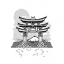 torii gate with mount fuji background black and white tattoo design idea