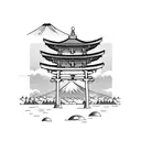 torii gate with mount fuji background black and white tattoo design idea