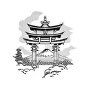 torii gate with mount fuji background black and white tattoo design idea