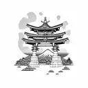 torii gate with mount fuji background black and white tattoo design idea