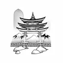 torii gate with mount fuji background black and white tattoo design idea