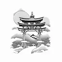 torii gate with mount fuji background black and white tattoo design idea