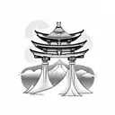 torii gate with mount fuji background black and white tattoo design idea