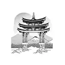 torii gate with mount fuji background black and white tattoo design idea