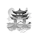torii gate with mount fuji background black and white tattoo design idea