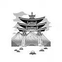torii gate with mount fuji background black and white tattoo design idea