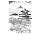 red torii gate, blue sky, mount fuji tattoo design idea