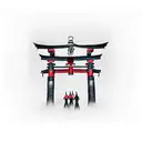 torii gate with mount fuji background red and black tattoo design idea