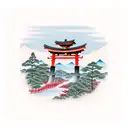 torii gate with mount fuji background red and black tattoo design idea