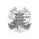 torii gate with mount fuji background red and black tattoo design idea