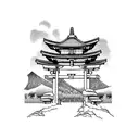 torii gate with mount fuji background black and white tattoo design idea