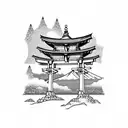 torii gate with mount fuji background black and white tattoo design idea