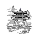 torii gate with mount fuji background black and white tattoo design idea