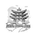 torii gate with mount fuji background black and white tattoo design idea