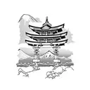 torii gate with mount fuji background black and white tattoo design idea