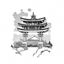 torii gate with mount fuji background black and white tattoo design idea