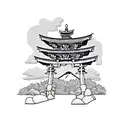 torii gate with mount fuji background black and white tattoo design idea