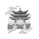 torii gate with mount fuji background black and white tattoo design idea