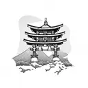 torii gate with mount fuji background black and white tattoo design idea