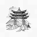 torii gate with mount fuji background black and white tattoo design idea