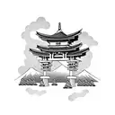 torii gate with mount fuji background black and white tattoo design idea
