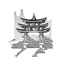 torii gate with mount fuji background black and white tattoo design idea