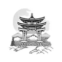 torii gate with mount fuji background black and white tattoo design idea