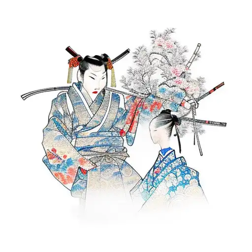 woman with kimono holding a samurai tattoo design idea