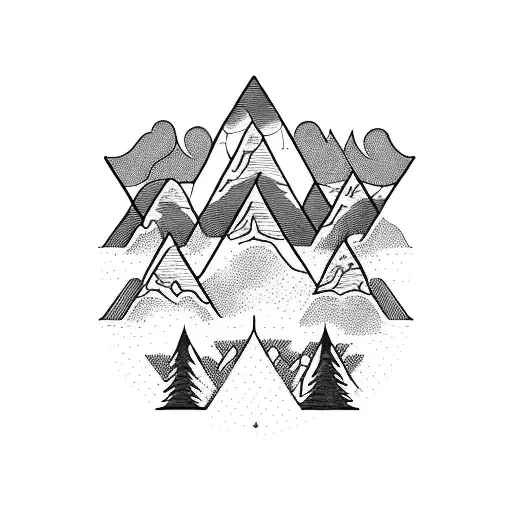 A blackwork tattoo of a majestic mountain range with hiking trails tattoo design idea