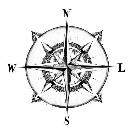 A compass rose with intricate line work and dotwork detailing, representing the client's love for travelling and exploring new places. tattoo design idea
