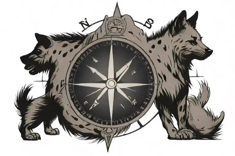 compass with hyena inside with the name Shenzi at the bottom tattoo design idea
