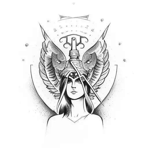 Athena goddess holding a spire on the right hand and on the left a shield with an owl tattoo design idea