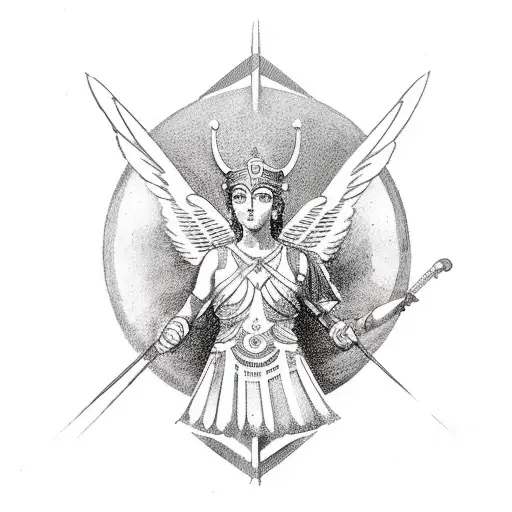 Athena goddess holding a spire on the right hand and on the left a shield with an owl tattoo design idea