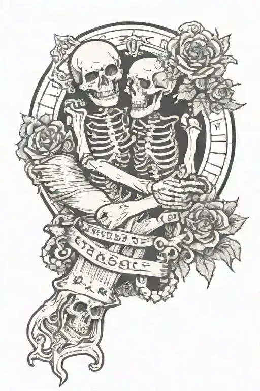 Gothic style tattoo of a hand holding a tarot card with hugging skeletons tattoo design idea