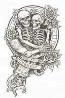 Gothic style tattoo of a hand holding a tarot card with hugging skeletons tattoo design idea