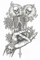 Gothic style tattoo of a hand holding a tarot card with hugging skeletons tattoo design idea